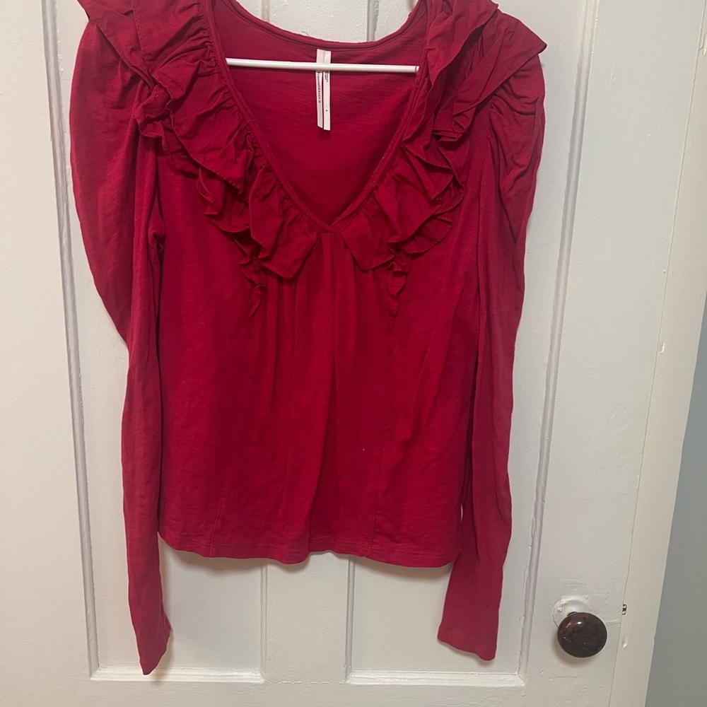Anthropologie Pink Ruffle V-Neck Long Sleeve Top